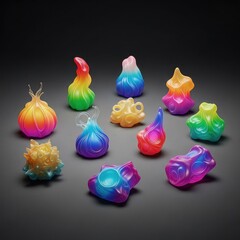 A collection of ten colorful, translucent, abstract, organic-shaped figurines displayed on a dark surface.