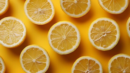 Obraz premium Close up of many lemon slices arranged on a bright yellow background in a pattern formation style