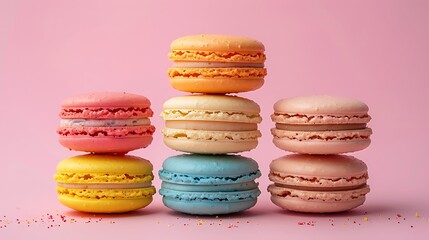 Fototapeta premium A closeup of delicious and colorful French macaroons, a sweet dessert food, isolated on a pink background