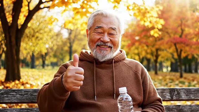 Smiling senior man gives thumbs up while sitting on a park bench in autumn - Powered by Adobe