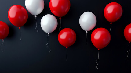 Colorful red and white balloons drift joyfully, creating a festive atmosphere suitable for birthday celebrations and special occasions