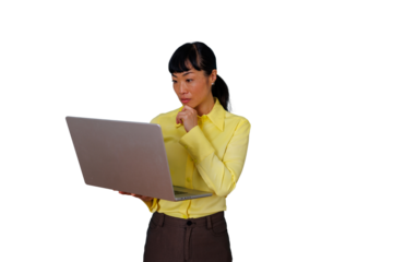 Asian businesswoman thinking, holding a laptop, concentrating on work, and finding solutions on a transparent background