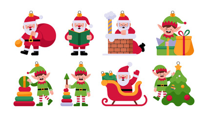 Festive Holiday Characters in Playful Arrangements: charming illustrations of Santa Claus and elves. These delightful characters engage in various festive activities.