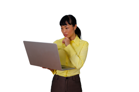Asian businesswoman thinking, holding a laptop, concentrating on work, and finding solutions on a transparent background
