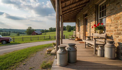 Rustic farmhouse porch with milk cans and flowers in summer sunlight  