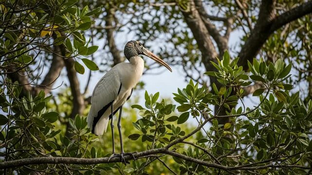 Wood stork perched on a tree branch in a mangrove forest
