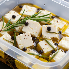 Feta cheese cubes in olive oil in a plastic container with rosemary and pepper, macro photography, food photography style
