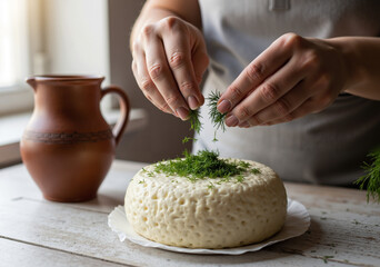 A close-up of a cheesemaker's hands sprinkling fresh dill on a wheel of Adyghe cheese on a wooden table.
