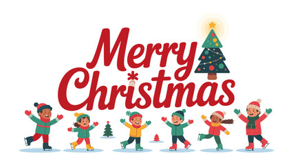 Christmas Cheer: A vibrant illustration of children rejoicing in the festive spirit of Christmas. Adorned with a Christmas tree and message of joy
