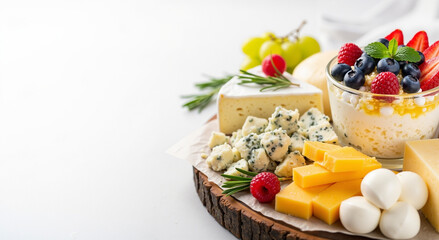 Food photography. A beautifully arranged selection of delicious cheeses and a healthy cottage cheese dessert with berries, with space for text.