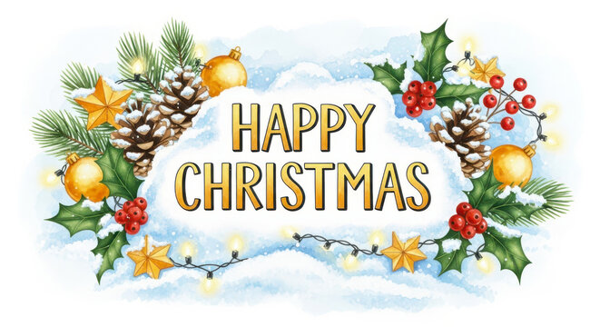 Festive happy christmas greeting card with snow covered pine cones holly berries and twinkling fairy lights surrounded by winter foliage