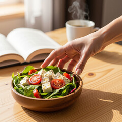 A light, airy food photograph. A woman's hand places a plate of fresh salad with feta crumbles on a wooden table. A cup of coffee and a book are in the background.