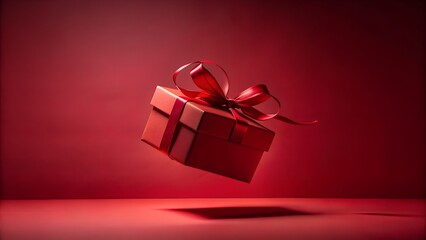 Floating red gift box with a ribbon against a solid red background