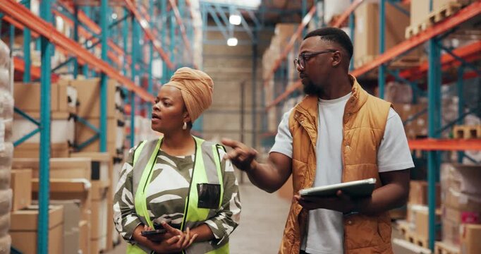 Black people, team or talk in warehouse for shipping, supply chain planning or logistics with tablet. Stock management, discussion and distribution with workers for cargo inspection, export and walk