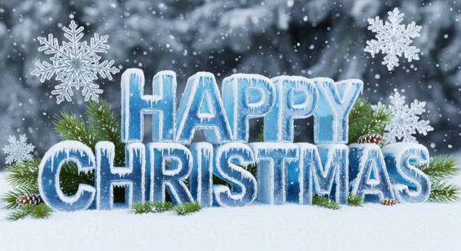 Happy christmas text made of icy blue letters with snowflakes and pine branches on a snowy winter forest background - Powered by Adobe