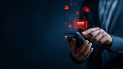 hand holding smartphone with red message, warning icons 