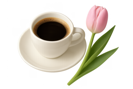 Coffee cup and pink tulip on transparent background - Powered by Adobe