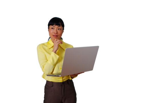 Asian businesswoman using laptop, thinking and planning new strategies, having ideas, transparent background