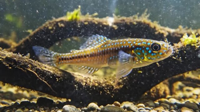 A captivating close-up captures a small, vibrantly patterned fish gracefully navigating its serene underwater habitat. Its iridescent blue spots shimmer against an earthy orange and brown body, contra