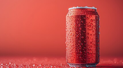 Close up of a red soda can covered in water droplets against a red background with water on the surface