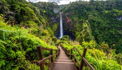 Lush tropical landscape featuring a tall waterfall cascading into a pool below. Wooden stairs lead down