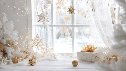 White Christmas-themed backdrop with white table, white ceramic star and Christmas tree decorations, complemented by soft bokeh lights for festive, elegant holiday displays or seasonal designs.