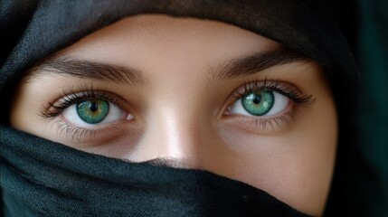 A girl's enigmatic gaze with sparkling green eyes, partially hidden by a black headscarf or hijab. Close-up.