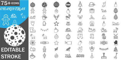 Christmas Icon Set , Editable Stroke Line Icons, Holiday Symbols, Winter Decorations, Xmas Elements, Festive Outline Graphics, Ornaments, Gifts, Santa, Reindeer, Snow, Vector Pack