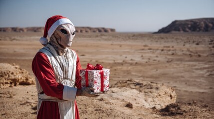 An alien dressed as Santa Claus and wearing a red hat holds a Christmas present in a deserted Martian landscape. A holiday on another planet.