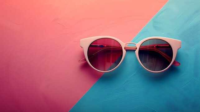 Sunglasses with pink frames on a pink and blue background creating a vibrant and stylish aesthetic - Powered by Adobe