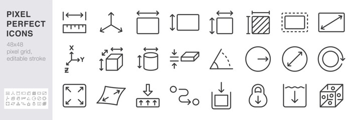 Measurement and dimension line icon set. Ruler, 3D axis, width, height, diameter minimal vector illustrations. Simple outline signs for geometry size tools. 48x48 Pixel Perfect Editable Stroke