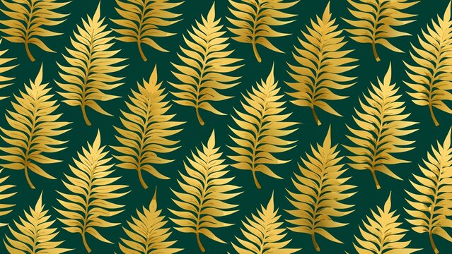 Seamless pattern of golden fern leaves on a dark green background - Powered by Adobe