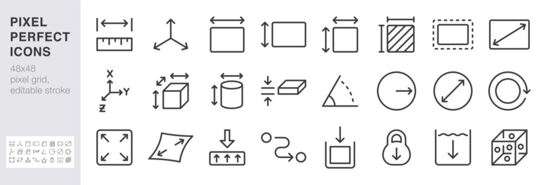 Measurement and dimension line icon set. Ruler, 3D axis, width, height, diameter minimal vector illustrations. Simple outline signs for geometry size tools. 48x48 Pixel Perfect Editable Stroke