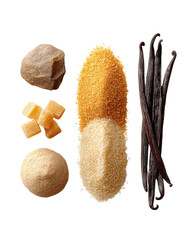 Premium natural sweeteners and vanilla beans PNG die-cut, gourmet ingredient set for baking, artisan desserts, flavor branding, culinary packaging, and craft beverage design