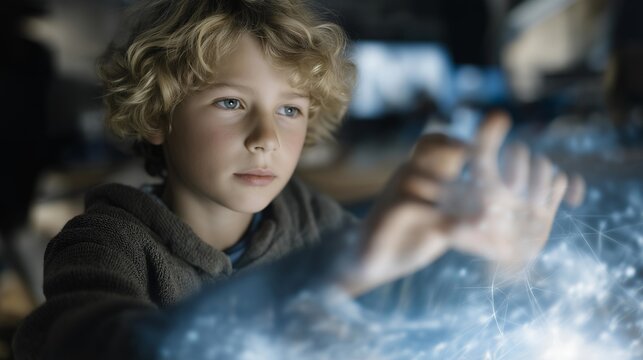 Wide-angle of child interacting with floating holograms, assembling complex designs — representing interactive learning, technology-assisted creativity, and nurturing imagination through