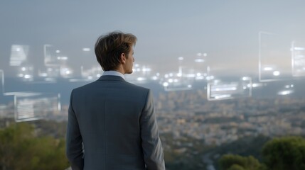 Candid shot of tech director gazing over urban skyline as digital interfaces hover in midair — symbolizing future-ready leadership, balance between humanity and technology, and emotional