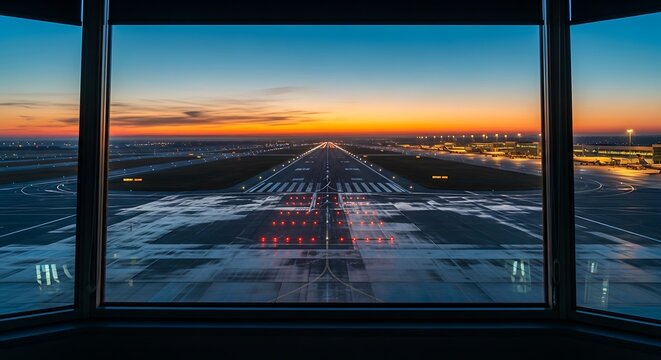 Airport Control Tower View of Runway at Sunset with Vibrant Sky.