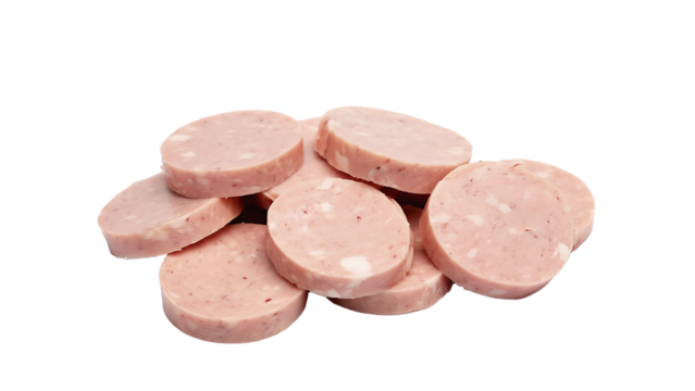Pile of sliced Bologna sausage, showcasing the texture and color of this processed meat product