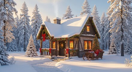 Cozy snow covered cabin in a winter forest with warm lights