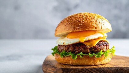 卵とチーズがとろけるハンバーガーが照明に映える洋食レストランの一品