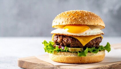 目玉焼きがのったハンバーガーがテーブルに並ぶ温かいランチの情景