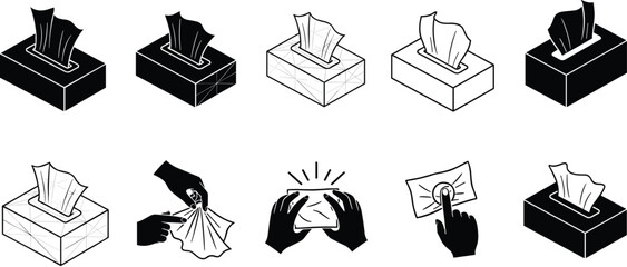 Tissue box vector, hand using tissue, hygiene illustration, black white drawing, CAD sketch, flat design, clean concept, minimal style