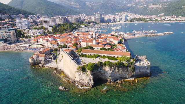 Aerial View of Budva Old Town Surrounded by Adriatic Waters, Montenegro
