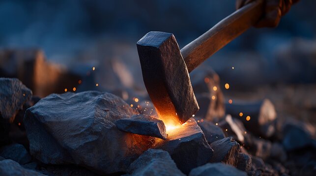 Close-up of glowing iron under a hammer’s strike as the blacksmith turns scrap metal into intricate home décor. The powerful visual represents transformation, environmental responsibility, and the