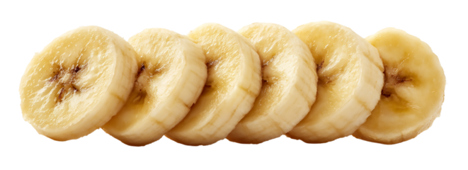 A line of sliced bananas showing the circular cut on a   isolated on transparent background