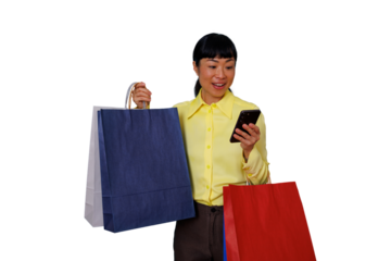 Happy woman shopping online on smartphone, holding retail bags after a successful sale purchase, transparent background