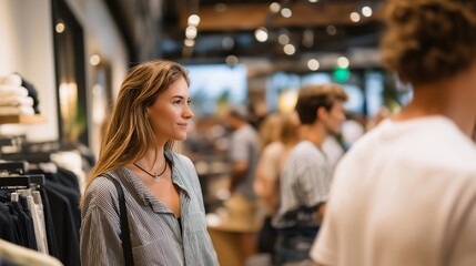 Wide-angle shot of boutique interior with multiple customers exploring products via AR devices, symbolizing tech-enhanced retail, immersive shopping experiences, and innovative store strategies.