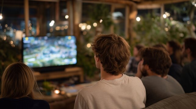 Sports fans gathered in a cozy living room illuminated only by the flickering TV glow, eyes fixed on the screen in tense silence — the air filled with anticipation, shared emotion, and the