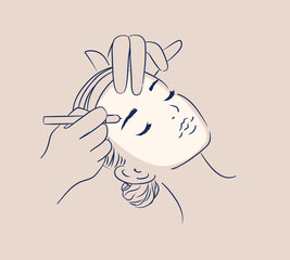 Female face eyebrow beauty procedure drawing in minimalist style on beige background