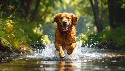 A golden retriever joyfully runs through shallow water, creating a splash. Green foliage and trees form a natural backdrop